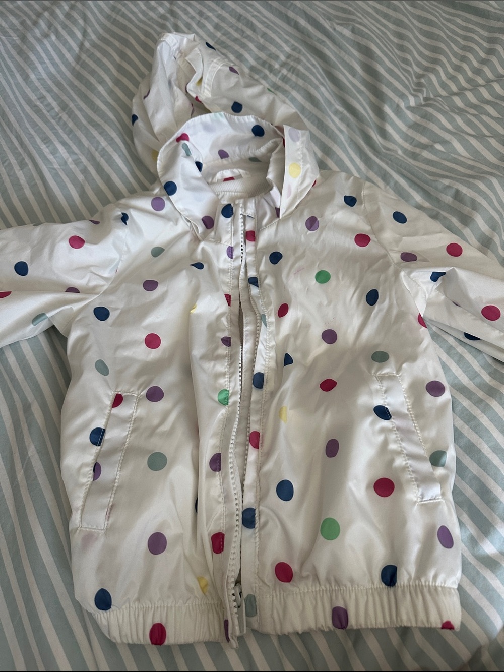 Gap 3T White Kids' Hooded Rain Jacket with Multicolor Polka Dots